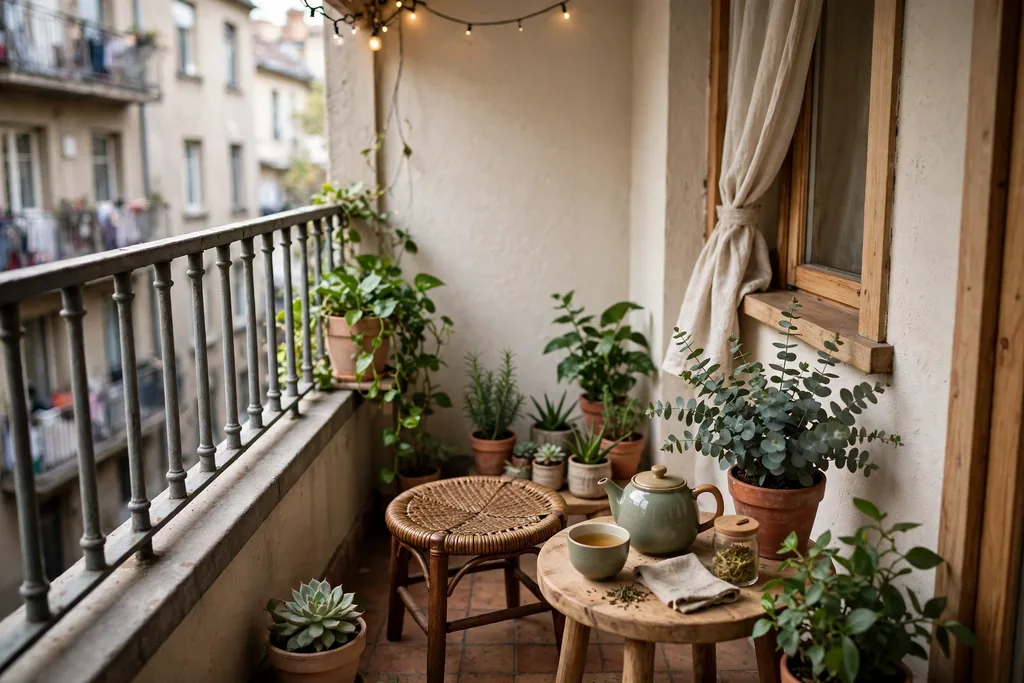 Small apartment balcony tea nook with a low stool, side table, and potted plants.