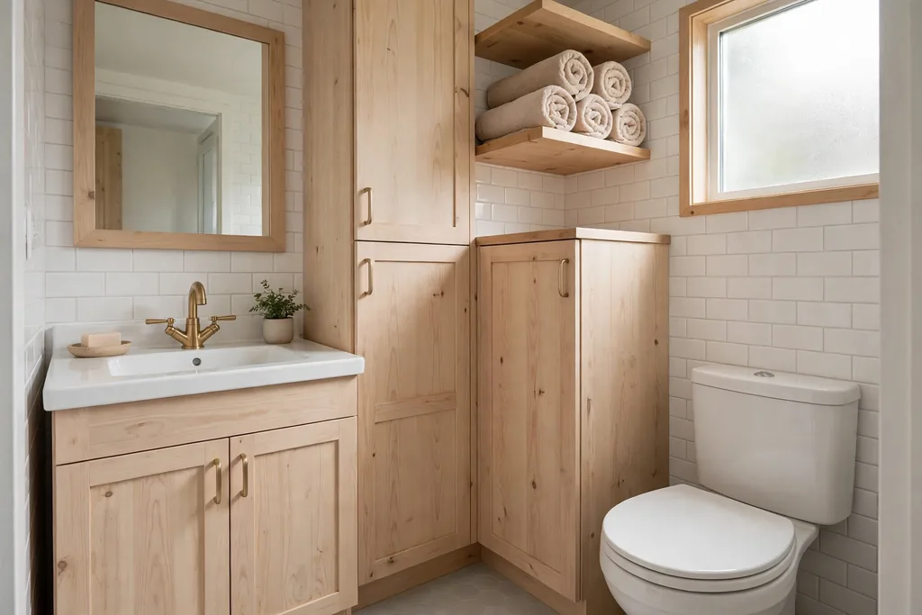 Small bathroom with light wood accents, closed storage, and rolled towels on a shelf.