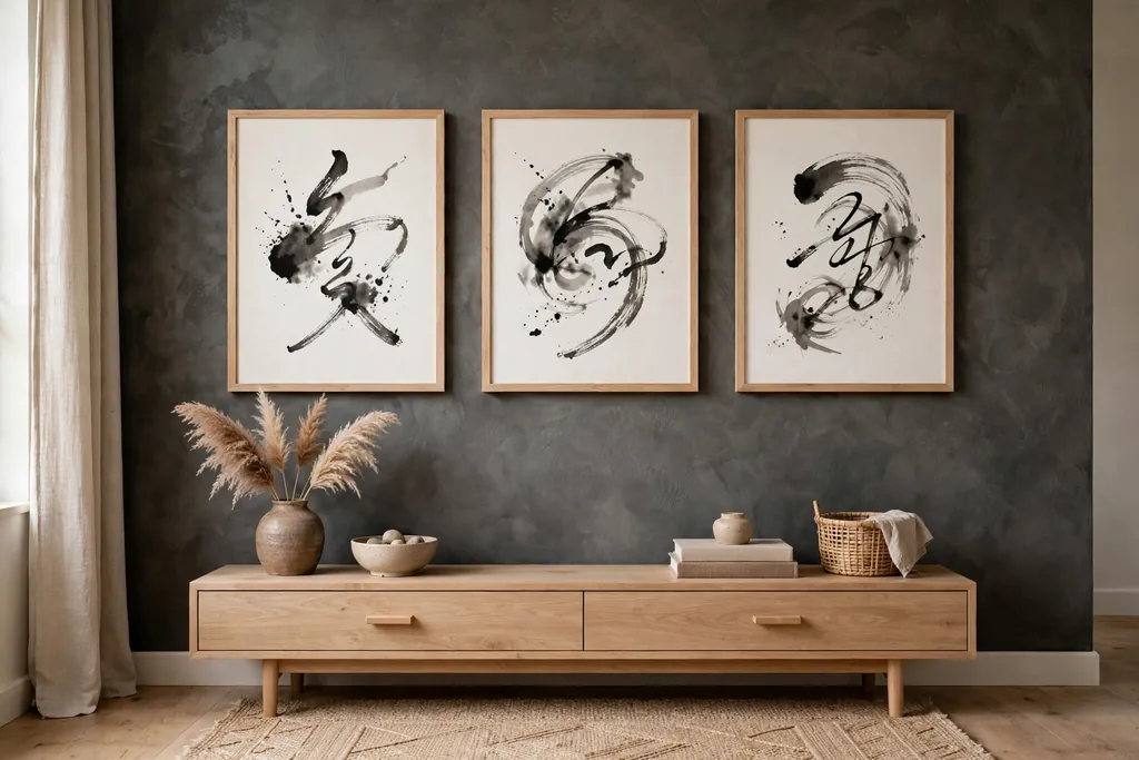 Accent wall with framed Korean calligraphy prints in light wood frames above a low console.