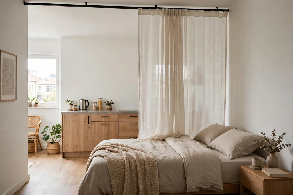Light curtain on a ceiling track partly drawn across a bed zone in a studio apartment.