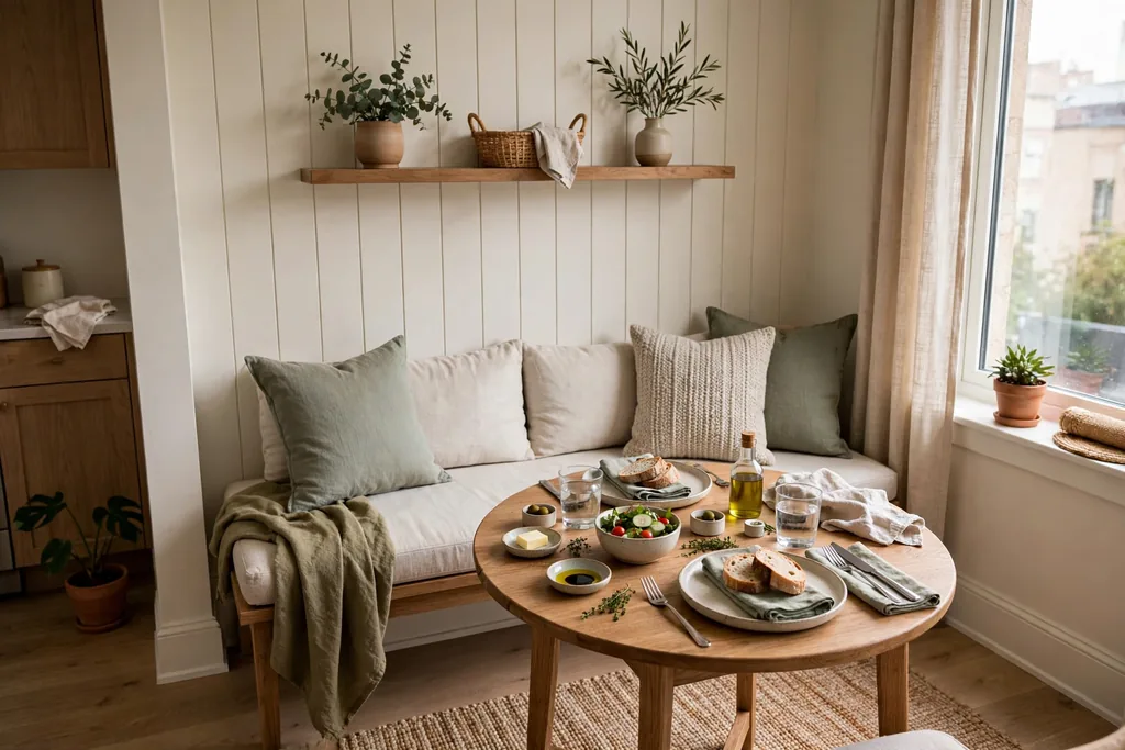 Dining nook with a bench against the wall and a small table set for a meal in an apartment.