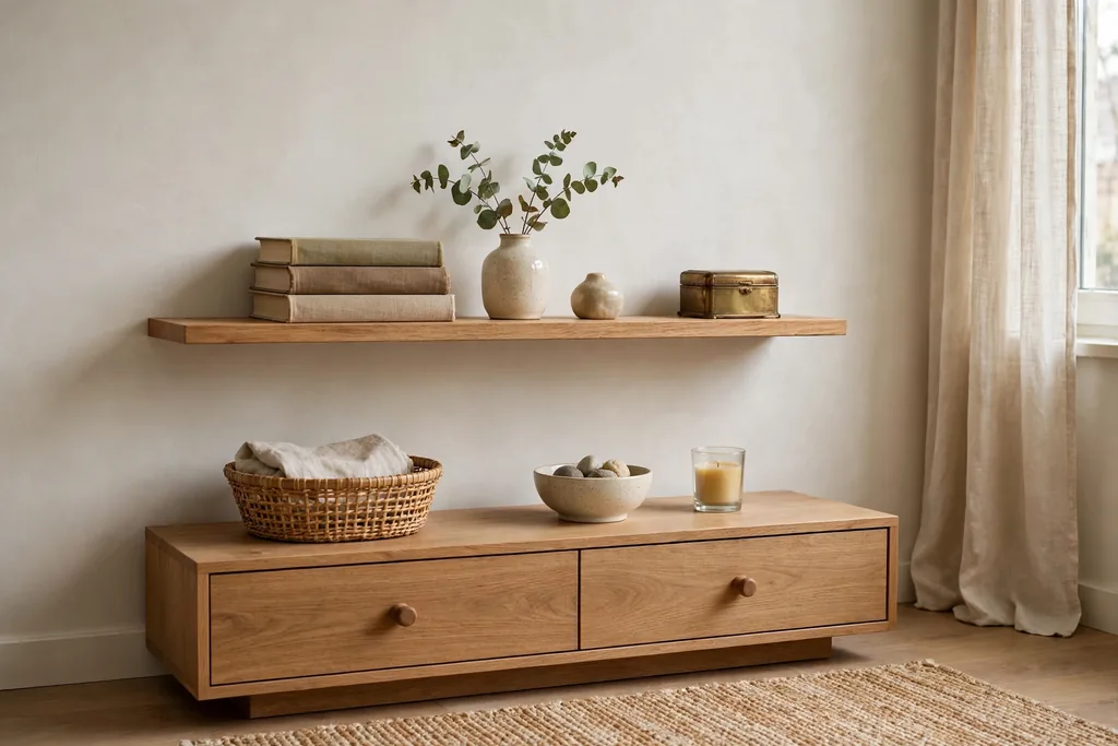 Single display shelf with books, a small vase, and keepsakes above a low console in an apartment.