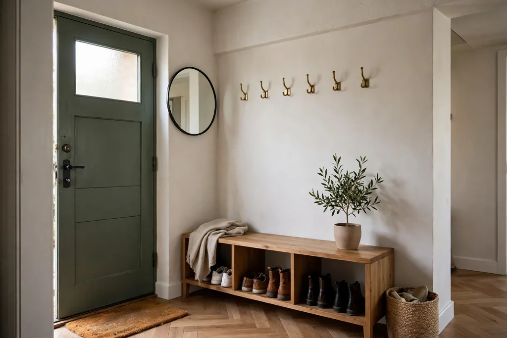 Apartment entry with a low shoe cabinet bench, hooks, and a mirror by the front door.