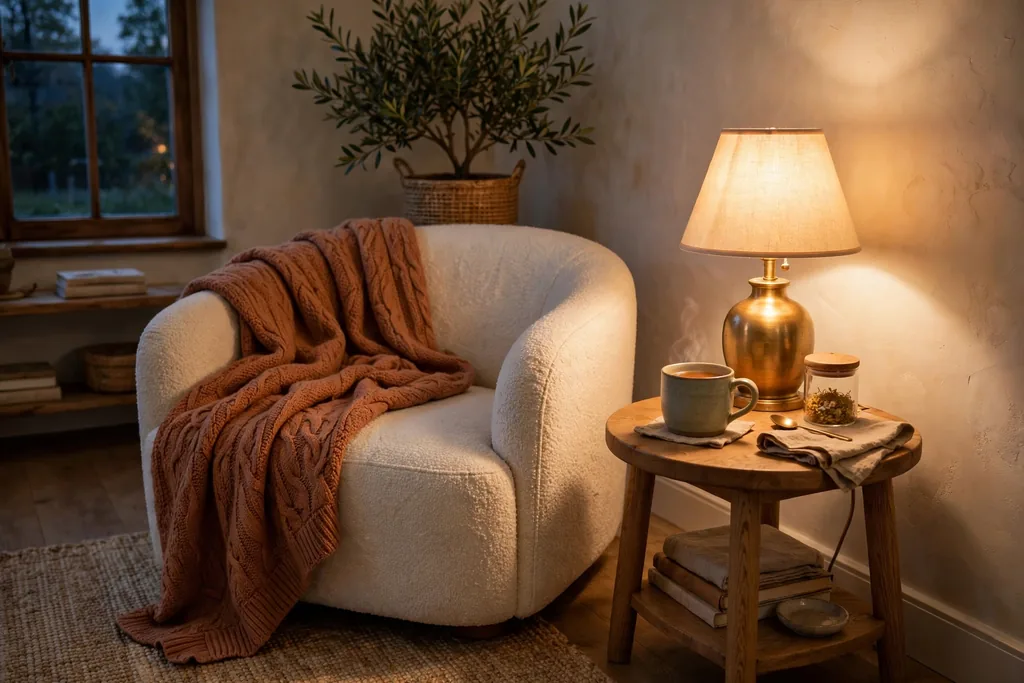 Evening wind down corner with a comfortable chair, warm lamp, tea on a side table, and a throw.