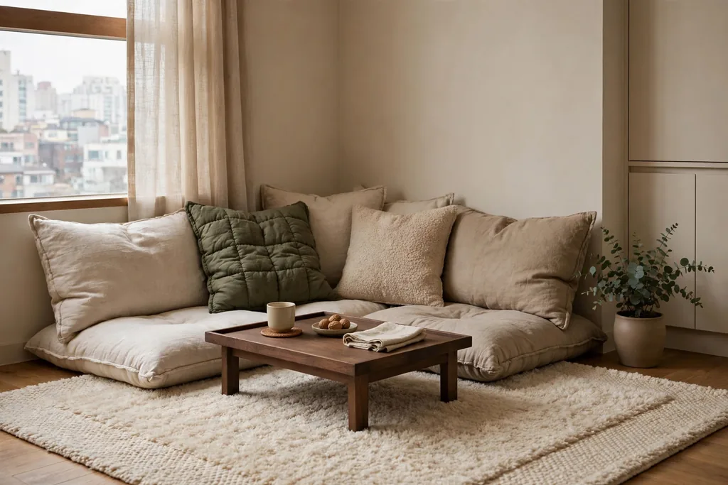 Floor seating corner with thick cushions, low tray table, and soft rug in a Korean apartment.