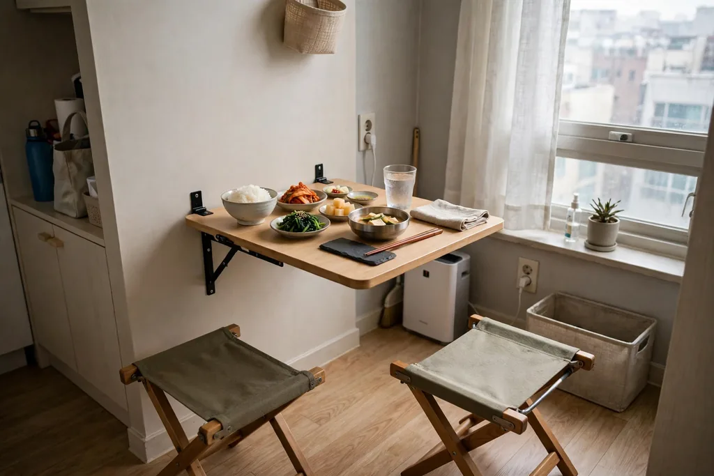 Fold down wall table set for a meal with folding stools in a small Korean apartment.