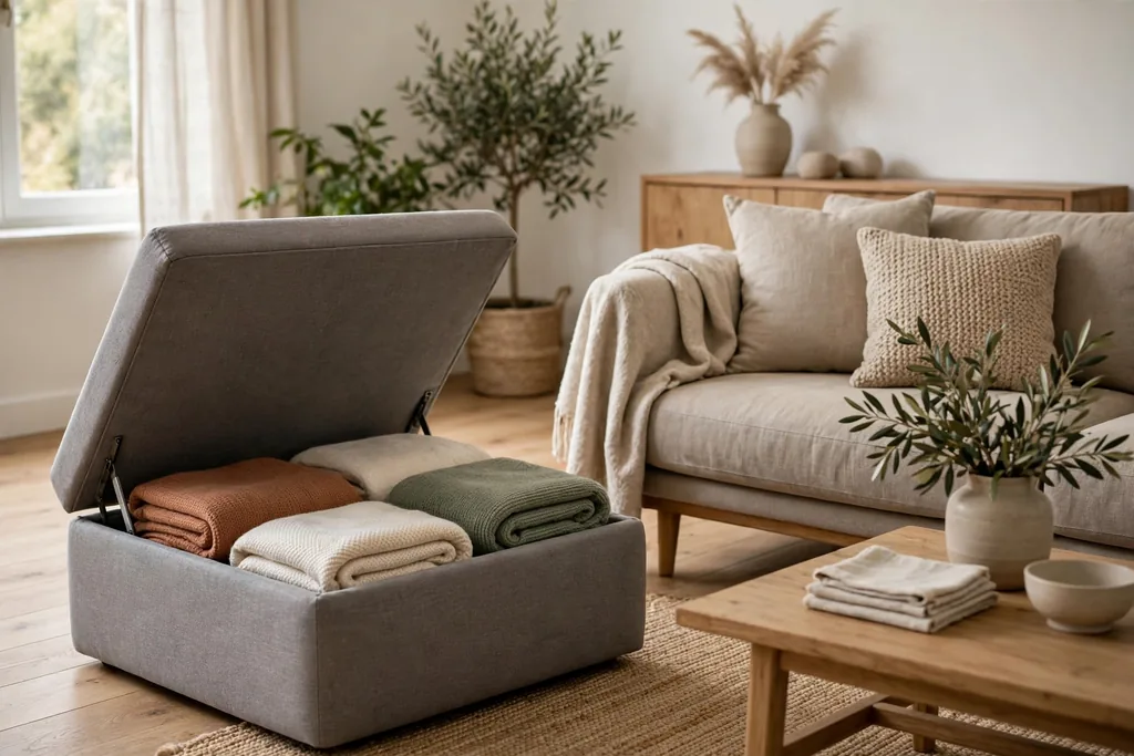Living room with a storage ottoman open showing folded throws beside a low sofa.