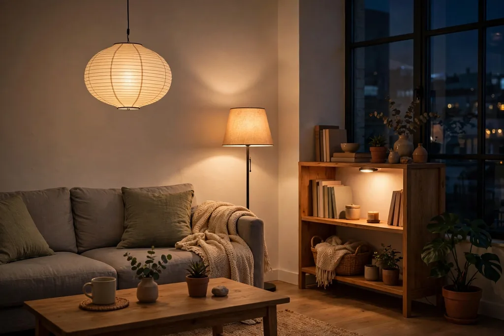 Apartment living room in the evening lit by a paper lamp, floor lamp, and small shelf light.