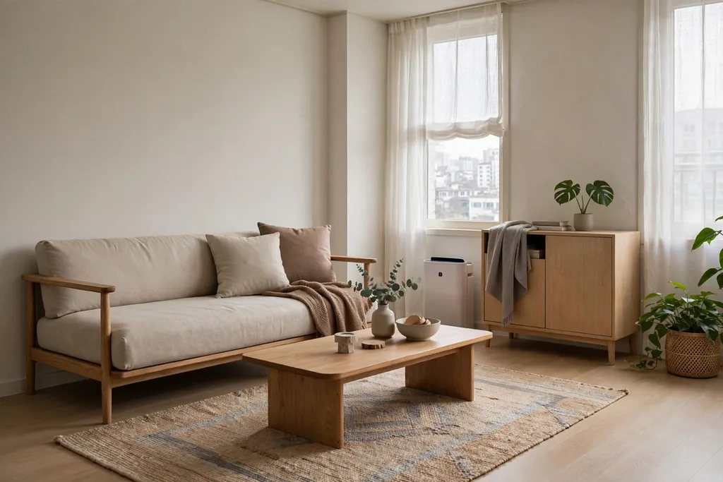 Low sofa with slim arms and a low coffee table on a rug in a Korean apartment living room.