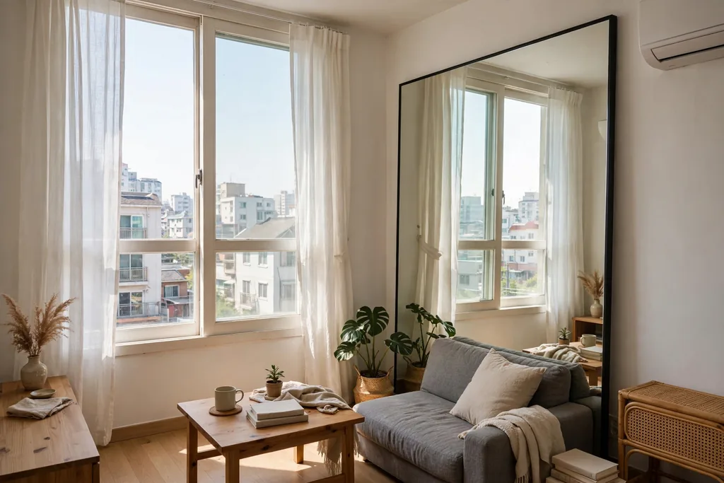 Large mirror opposite a bright window in a small Korean apartment living room.