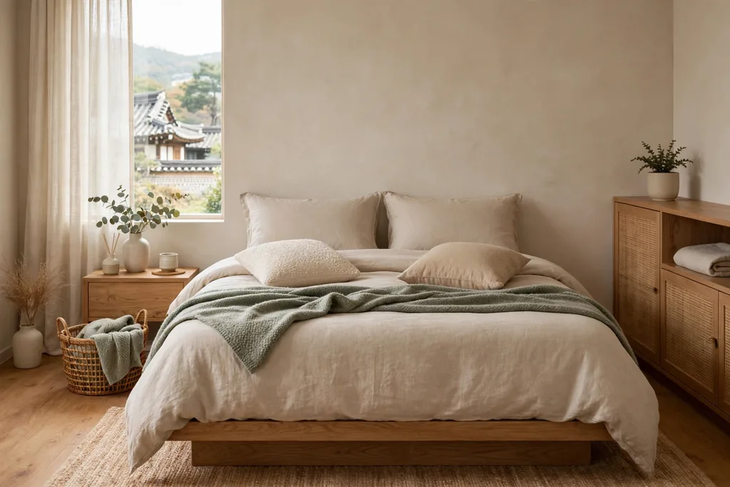 Bed dressed in neutral bedding with one soft accent throw and cushions in a Korean bedroom.