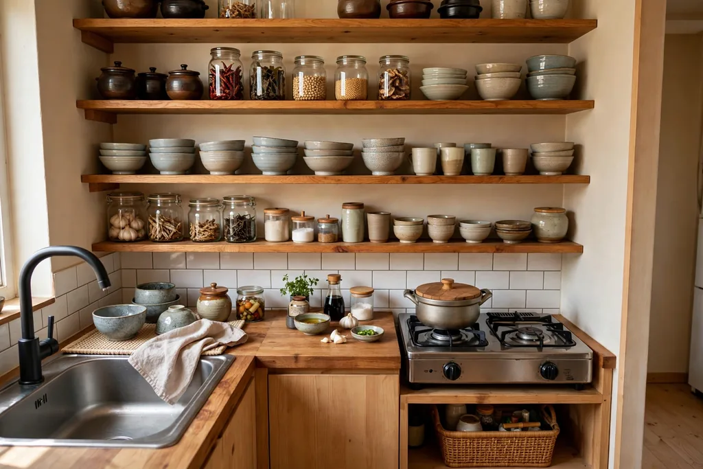 Compact Korean kitchen with open wood shelves holding bowls, cups, and jars.