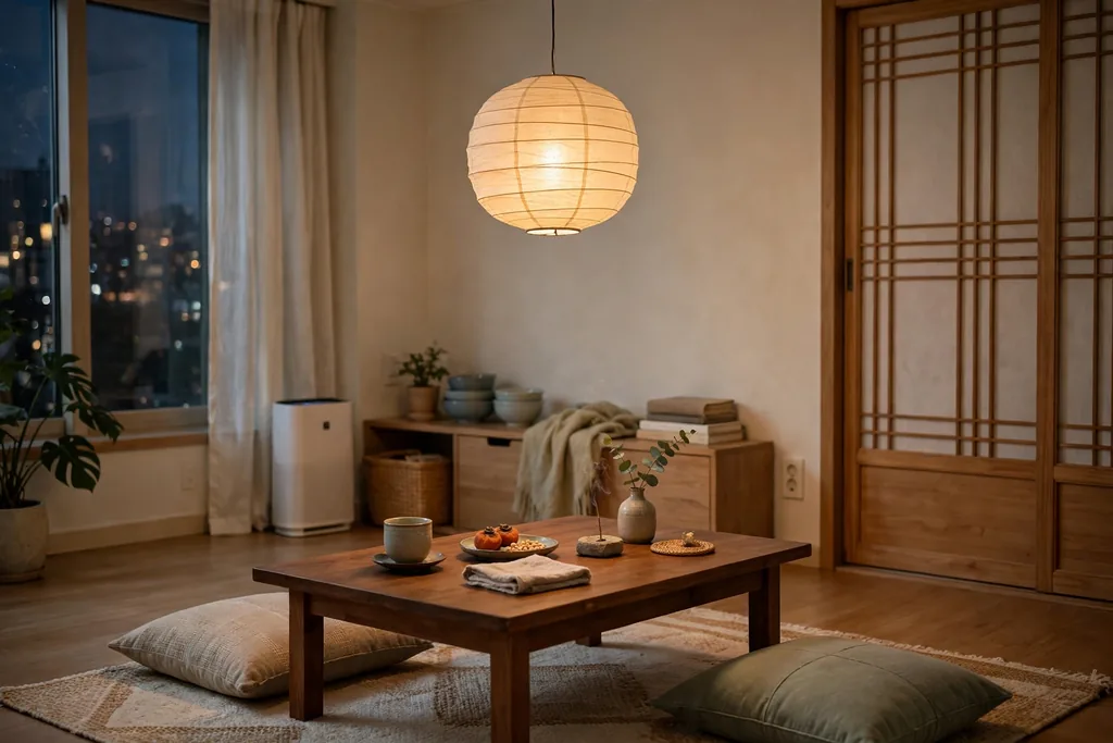 Paper lantern lamp glowing softly over a low table in a cozy Korean apartment living room.