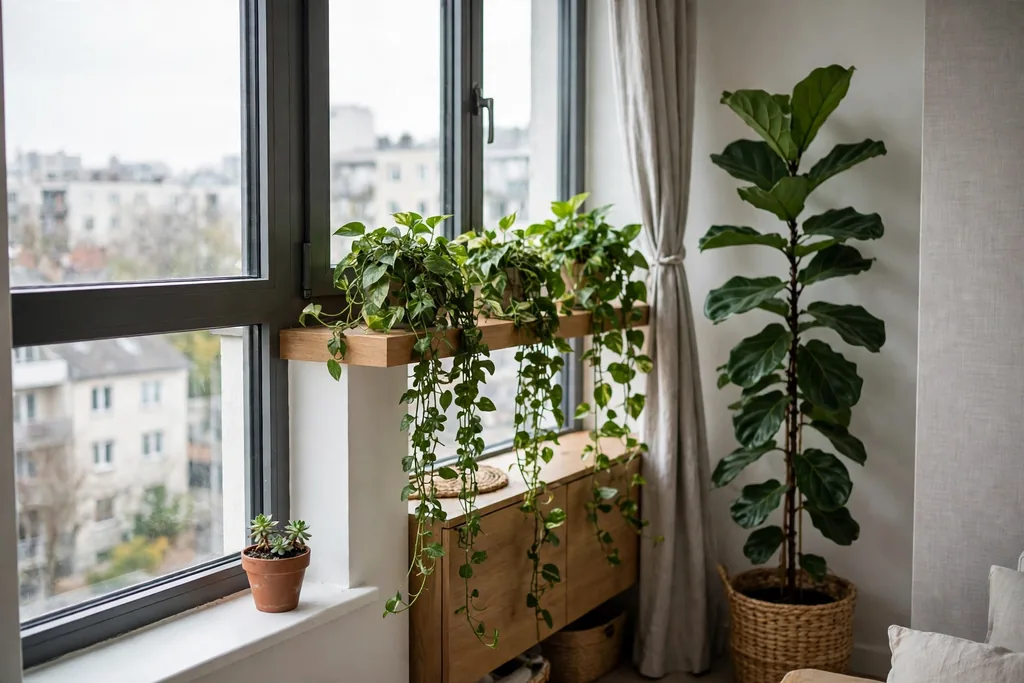 Apartment window with plants at three heights, a tall floor plant, trailing shelf plants, and a small pot.