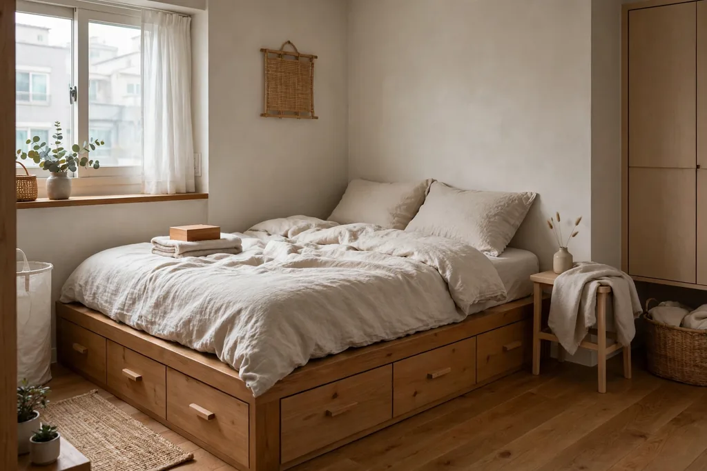 Low platform bed with storage drawers and neutral bedding in a small Korean bedroom.