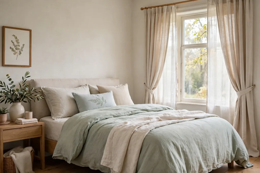 Bedroom with fresh seasonal bedding and curtains in soft tones beside a window.