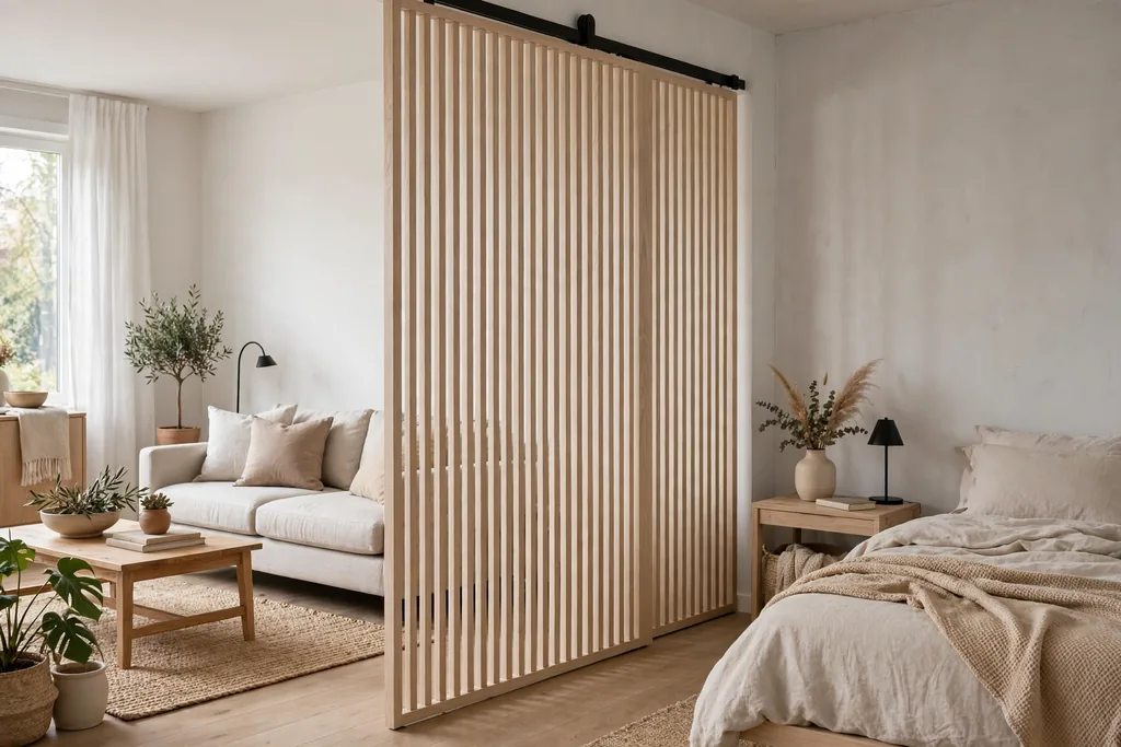 Light sliding divider with pale wood slats separating sleeping and living zones in a studio apartment.