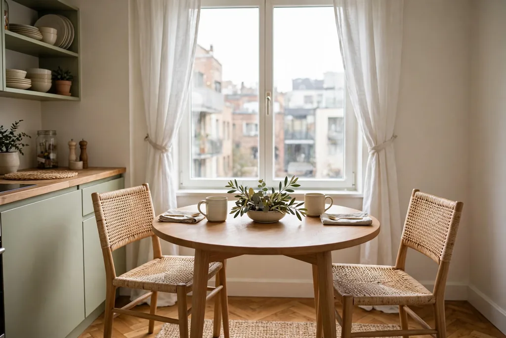 Small round kitchen table for two set by a window with a low centerpiece in an apartment.