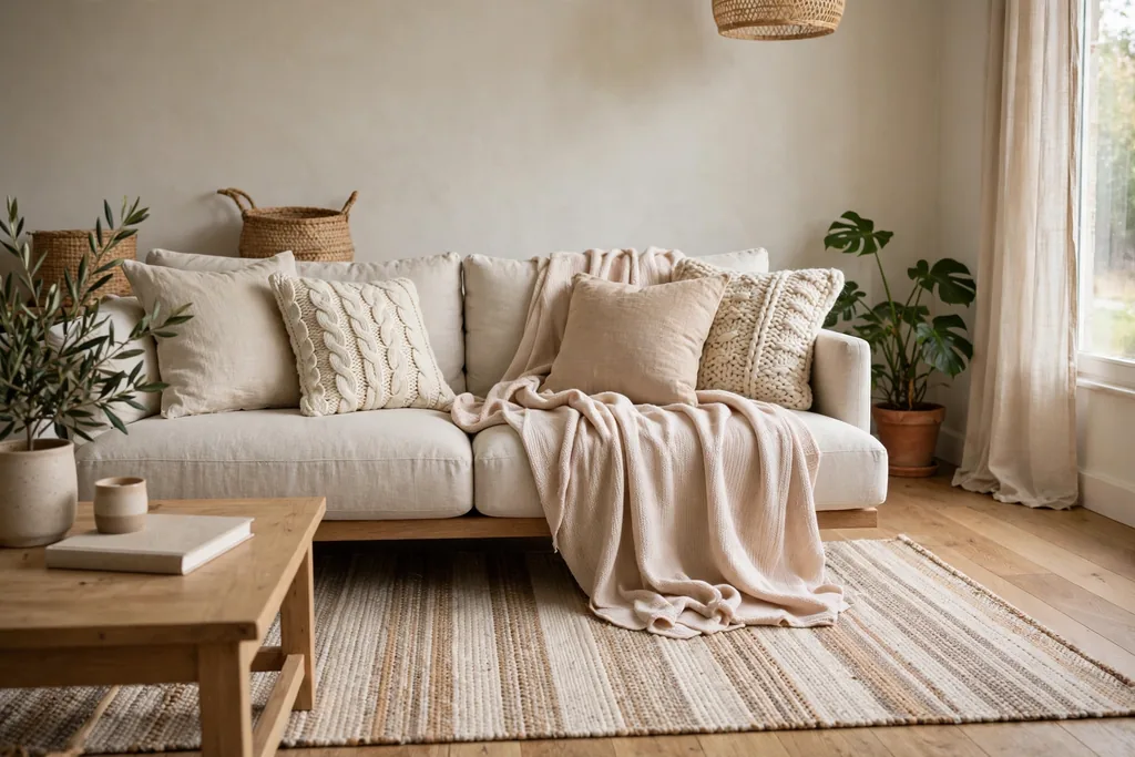 Living room layered with a flat weave rug, soft throw, and linen and knit cushions on a sofa.