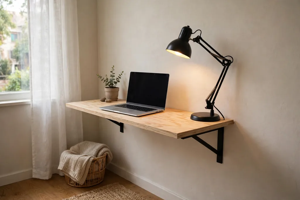 Slim wall mounted desk with a laptop and task lamp in a quiet apartment work corner.