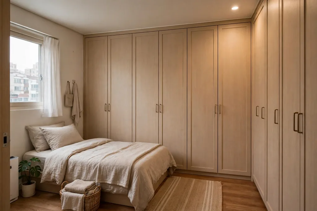 Full wall of matching light wardrobes with simple handles in a small Korean bedroom.