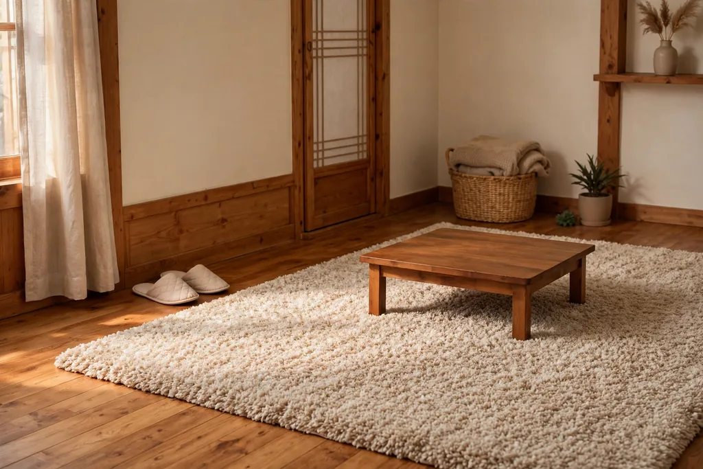 Thick rug and low table on a warm apartment floor with slippers by the wall in a Korean home.