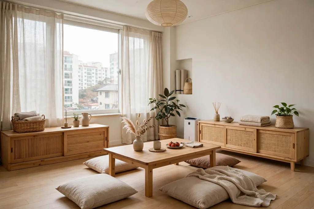 Korean apartment living room with warm white walls, light wood floor, and low wood furniture.