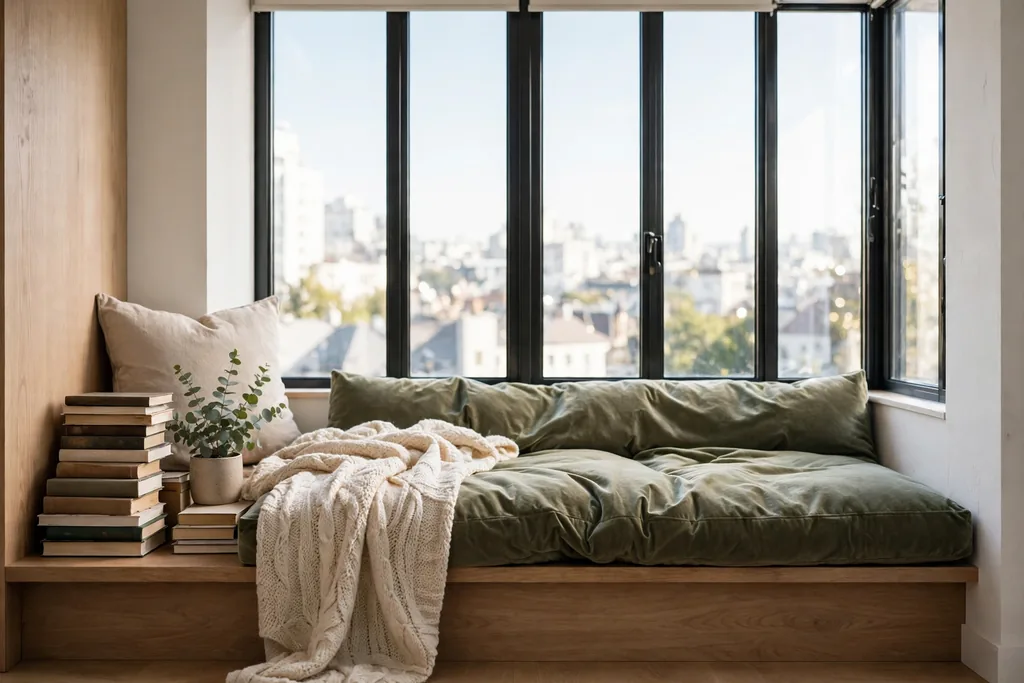 Window reading nook with a deep cushion, throw, and books beside a bright apartment window.