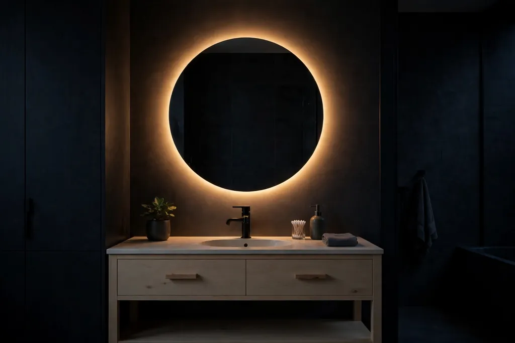 Bathroom mirror glowing with a warm LED strip behind it at night.