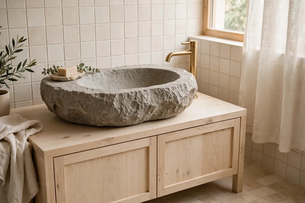 Beige bathroom with persimmon accent towels on a wood rail.