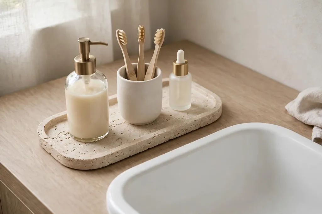 Single tray on a bathroom vanity holding soap, a toothbrush cup, and a skin care bottle.