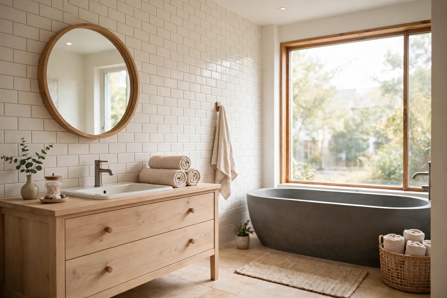 Wide calm Korean bathroom with a pale wood vanity, warm white tile, a soaking tub, and soft daylight.