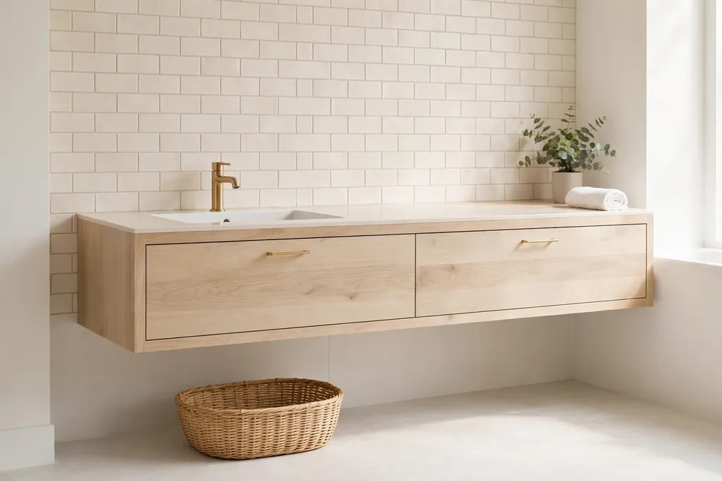 Floating pale wood vanity with a clear floor beneath in a Korean bathroom.