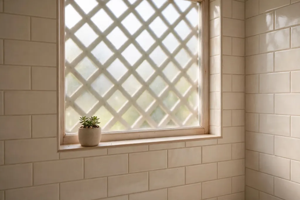 Bathroom window with frosted lattice pattern film and a small plant on the sill.