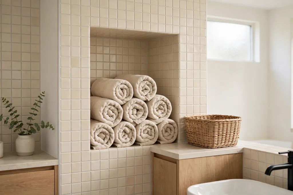 Wooden ladder towel rail leaning against a bathroom wall holding folded towels.