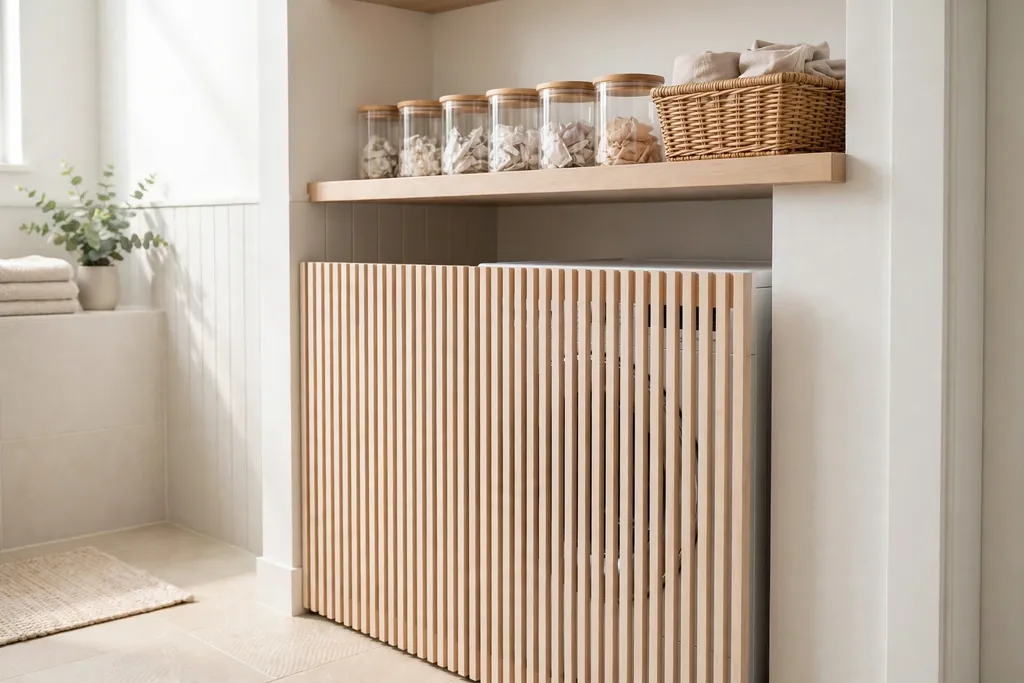 Bathroom laundry nook with a washer behind a wood slatted panel and a shelf above.