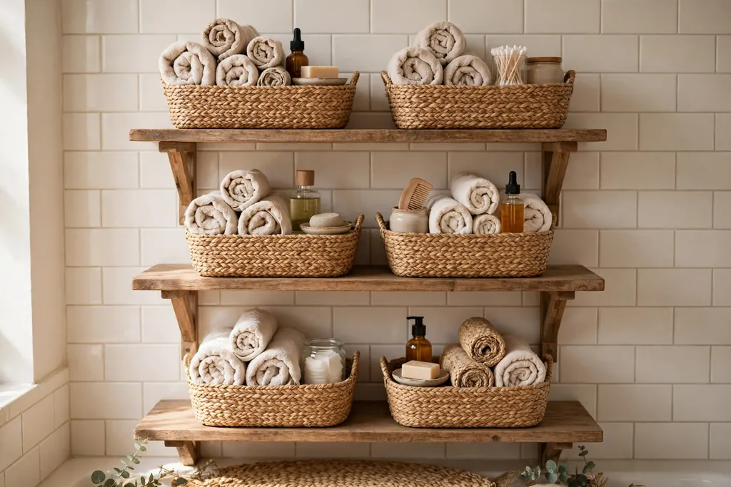 Natural linen look shower curtain in white hanging in a bright bathroom.