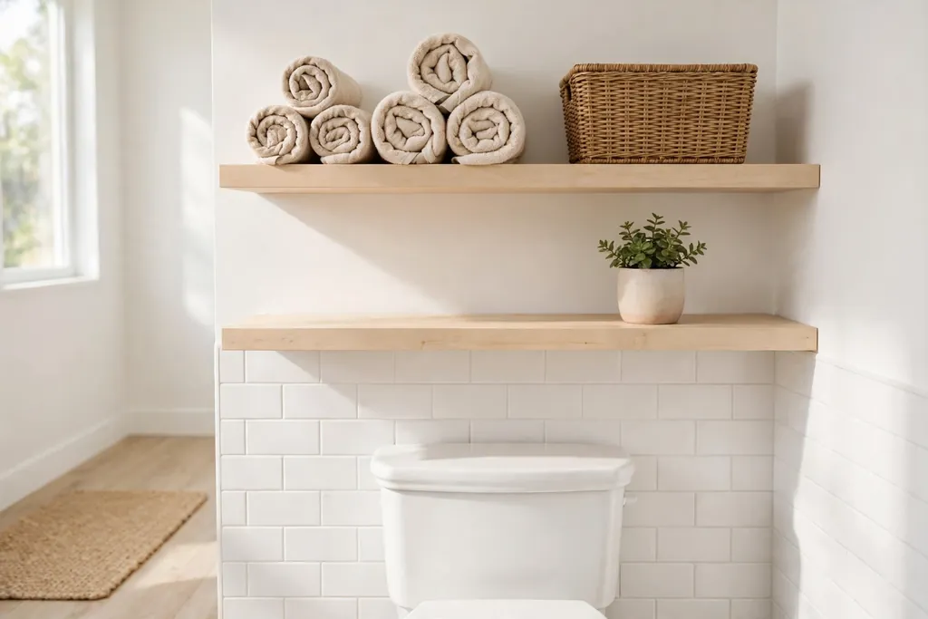 Open wood shelves above a toilet holding rolled towels, a basket, and a plant.