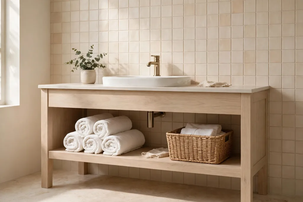 Pale wood bathroom vanity with an open shelf holding rolled towels and a basket.
