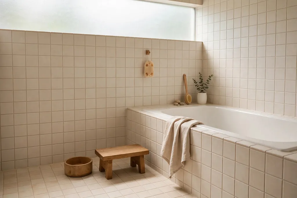 Walk in shower with a rain showerhead and a pebble stone floor.