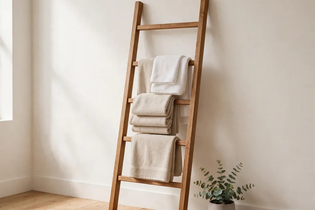 Rolled towels stacked neatly in an open bathroom niche and basket.