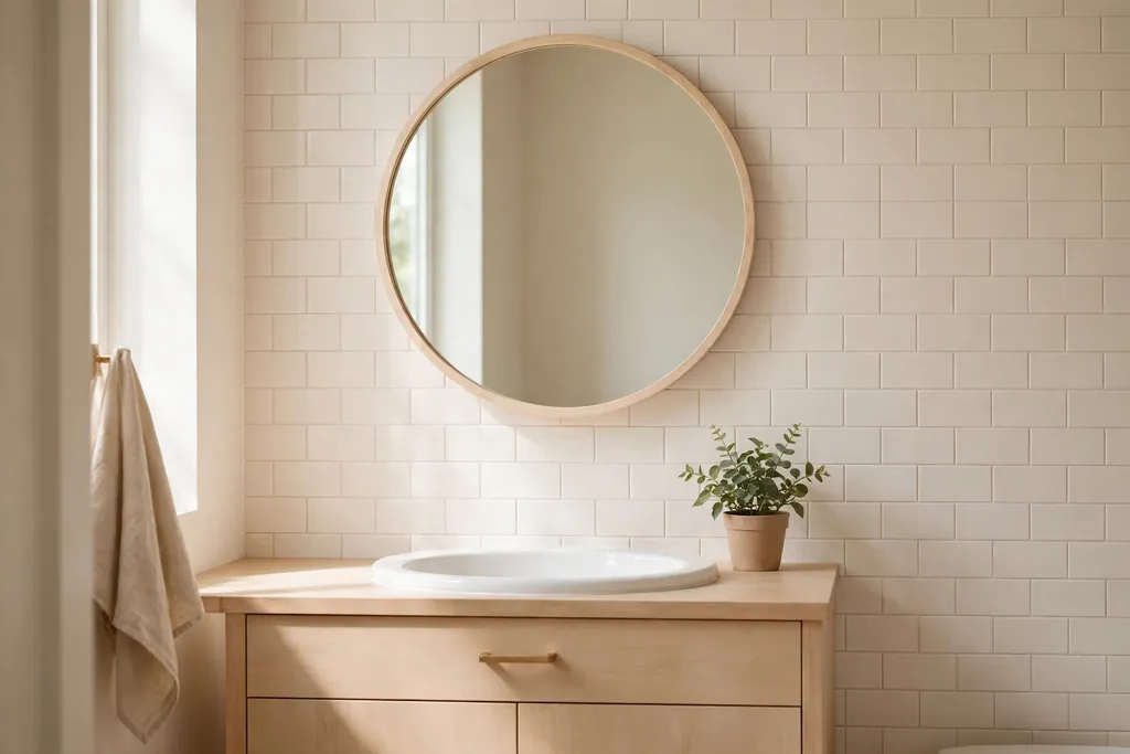 Round mirror with a slim pale wood frame above a bathroom vanity.