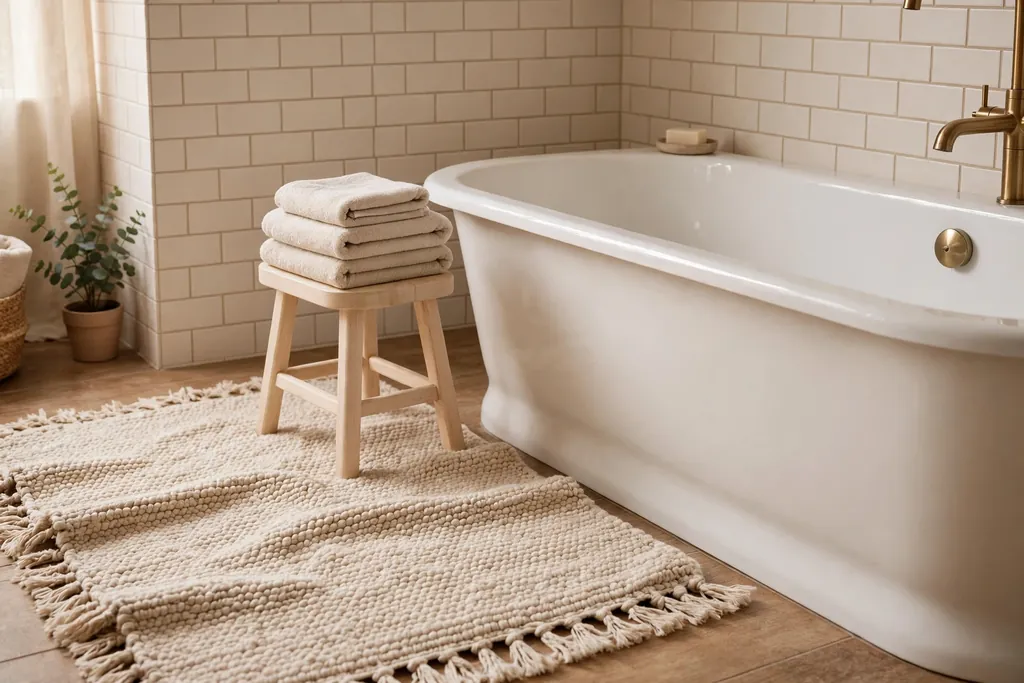 Bathroom with a muted sage green painted wall, pale wood, and white tile.