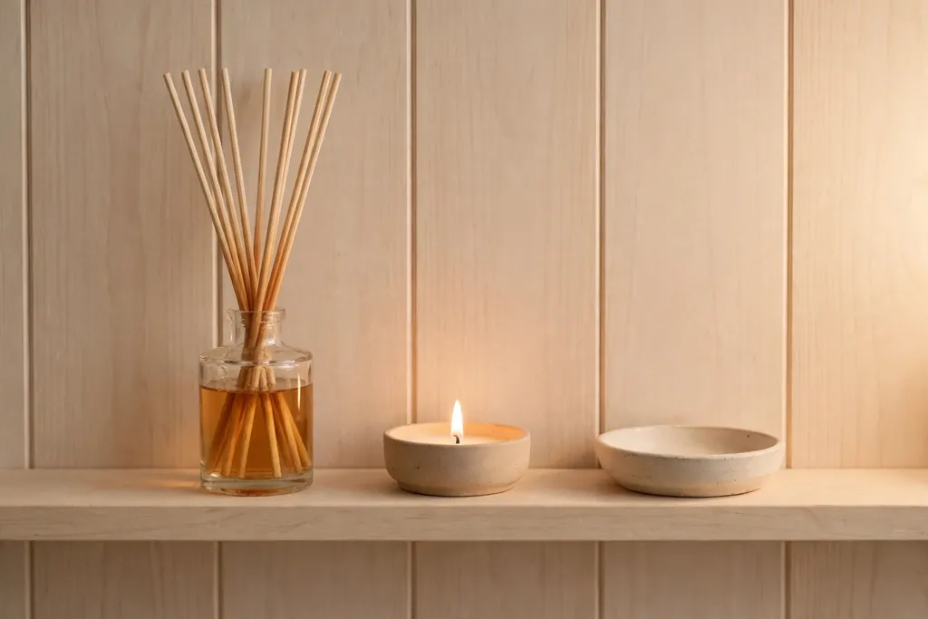 Bathroom shelf with a reed diffuser, a candle, and a small dish.