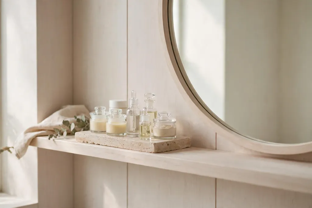 Bathroom shelf with glass jars and skin care bottles grouped on a stone tray.