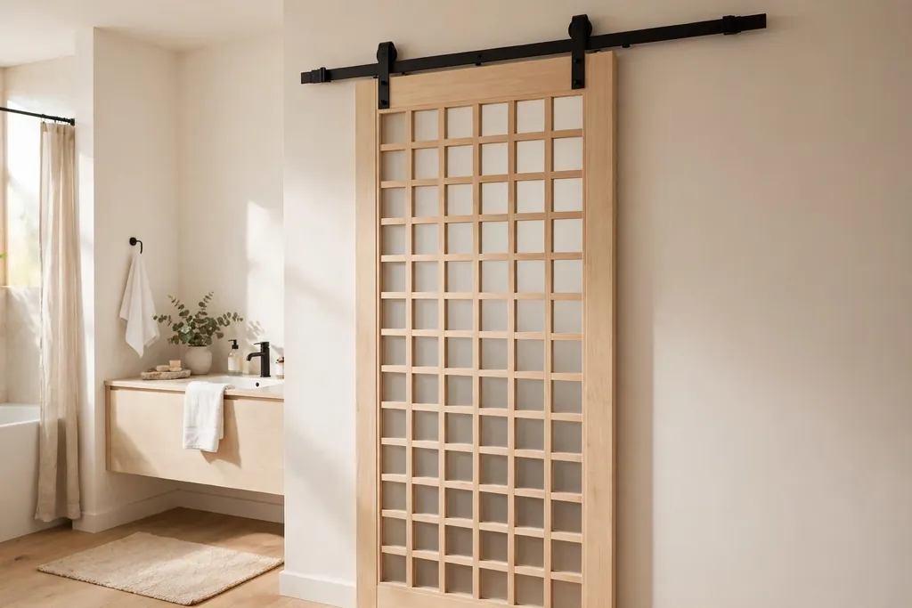 Sliding bathroom door with a simple wooden lattice pattern and frosted panels.