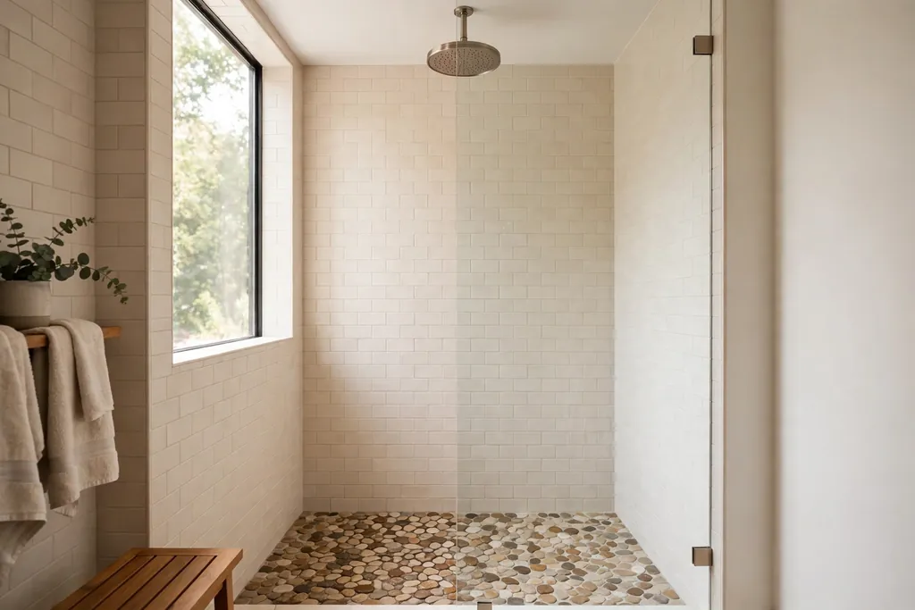 Deep soaking tub with a wooden headrest and a bath tray in a calm bathroom.