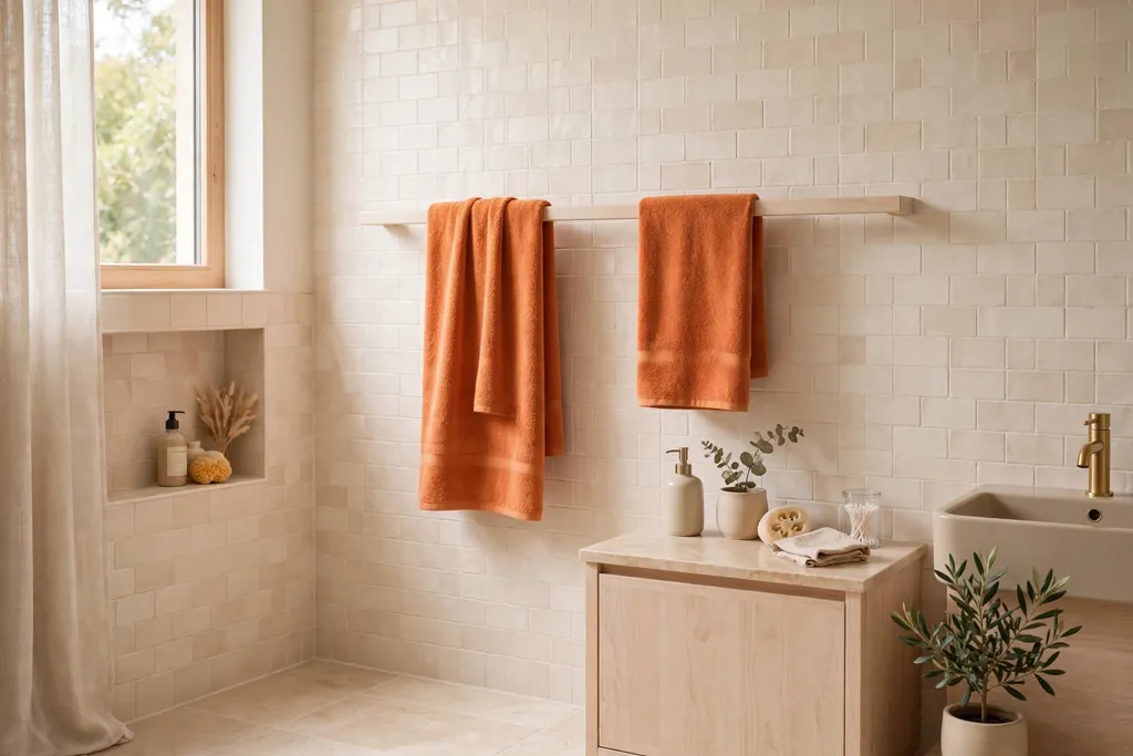 Stone vessel basin sink on a pale wood vanity in a calm bathroom.