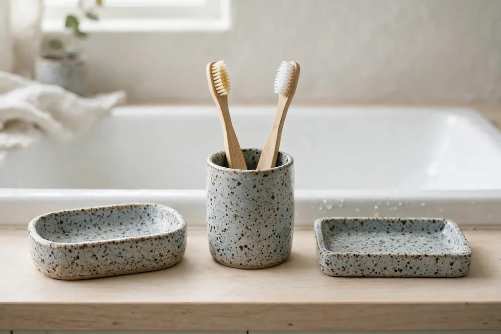 Thick cotton rug on a warm bathroom floor beside a bathtub.