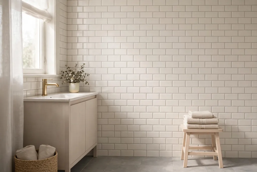 Bathroom walls with warm white subway tiles and a soft grey floor.